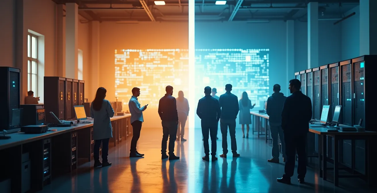 Split composition showing university researchers in a modest lab versus a corporate AI facility with advanced equipment