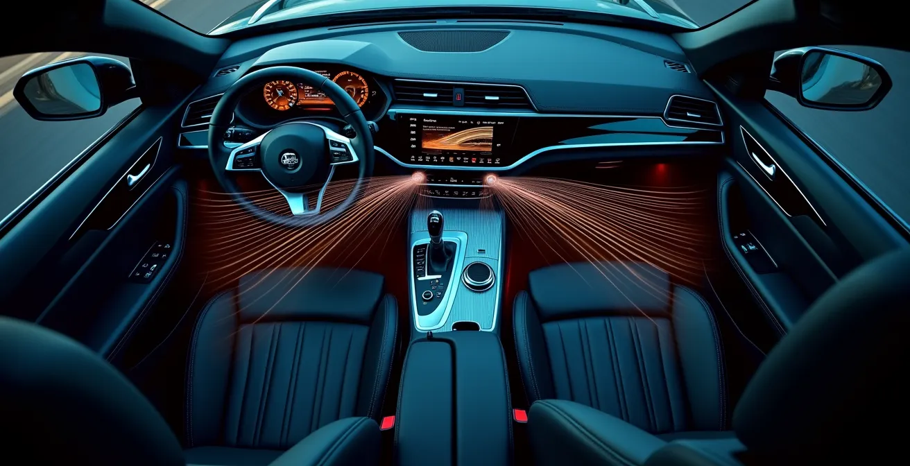 Split view showing sound wave patterns in car cabin versus phone environment