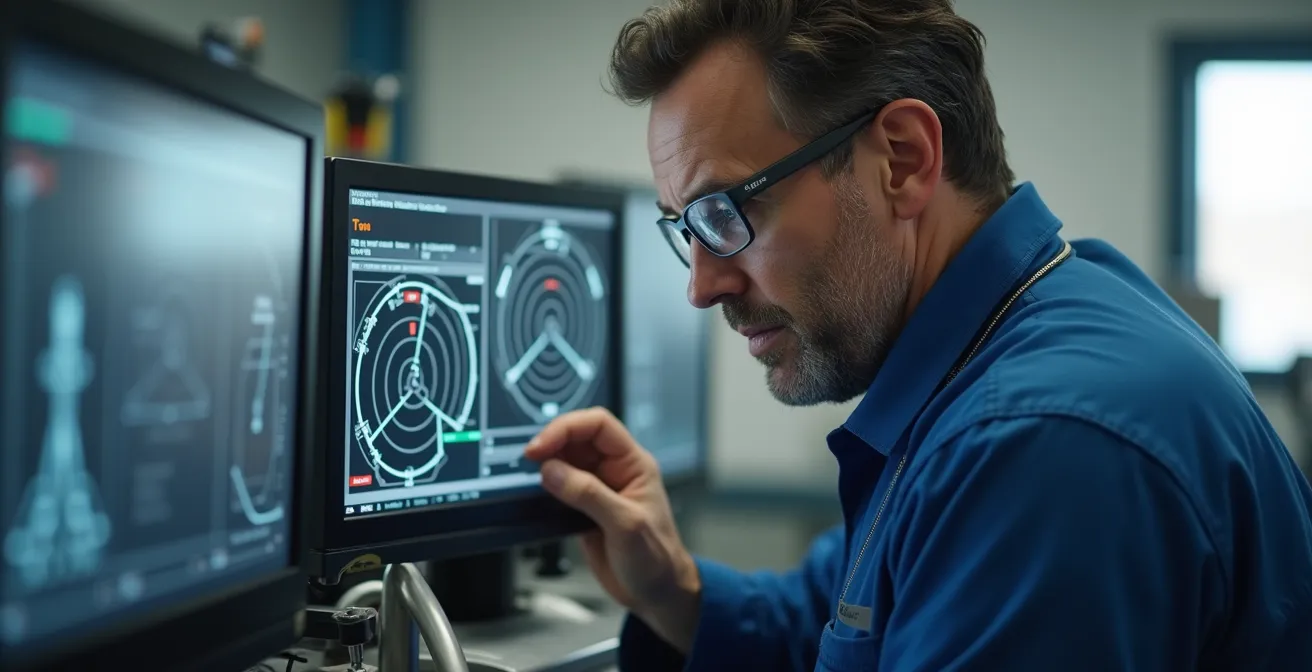 Technician performing ADAS sensor calibration with alignment targets