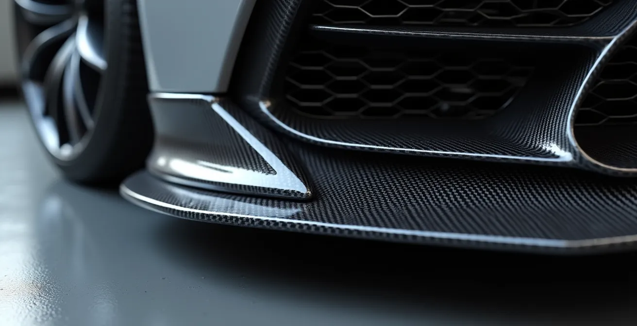 Close-up view of aerodynamic modifications on a car including front splitter and wheel spats