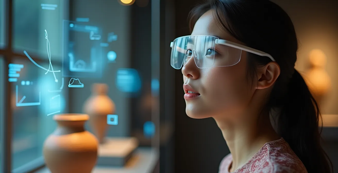 Museum visitor using AR glasses to view invisible layers of an ancient artifact's history