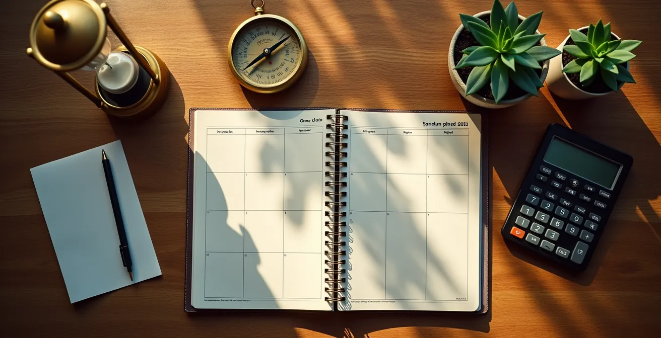 Aerial view of organized desk with calendar, calculator and financial planning materials
