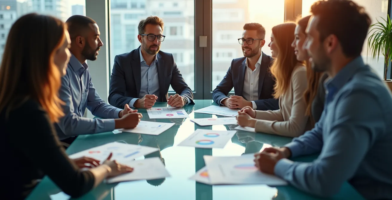 Business meeting scene showing professionals discussing circular economy models in modern office setting