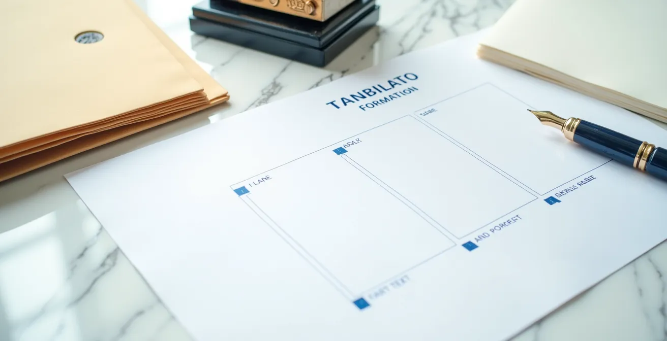 Overhead view of business formation documents and filing materials on desk