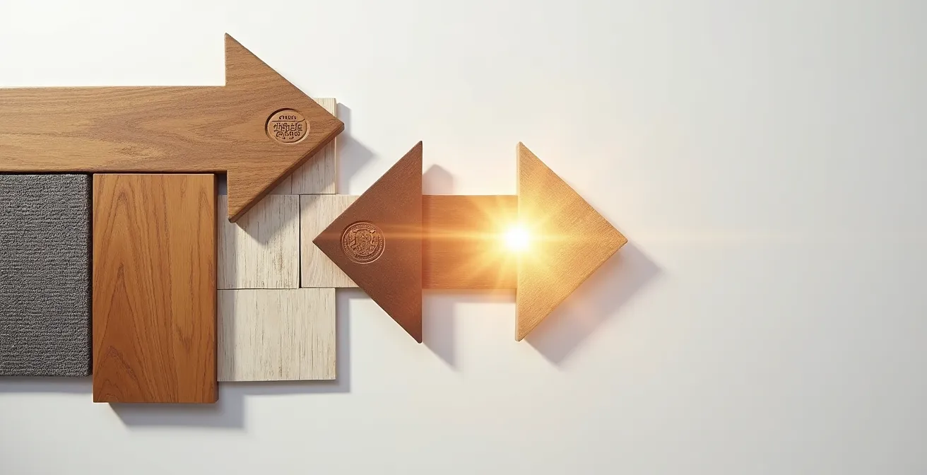 Array of authentic certification stamps on building materials