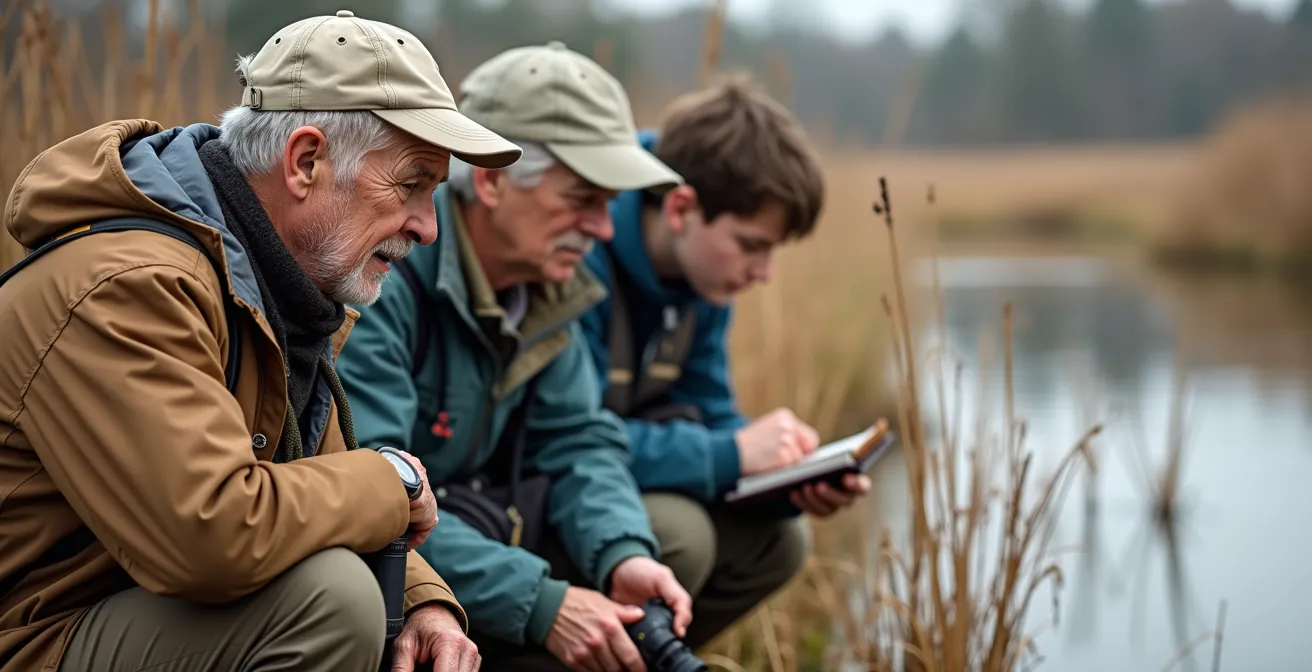 Diverse group of volunteers using tablets and field guides to document species in a wetland habitat