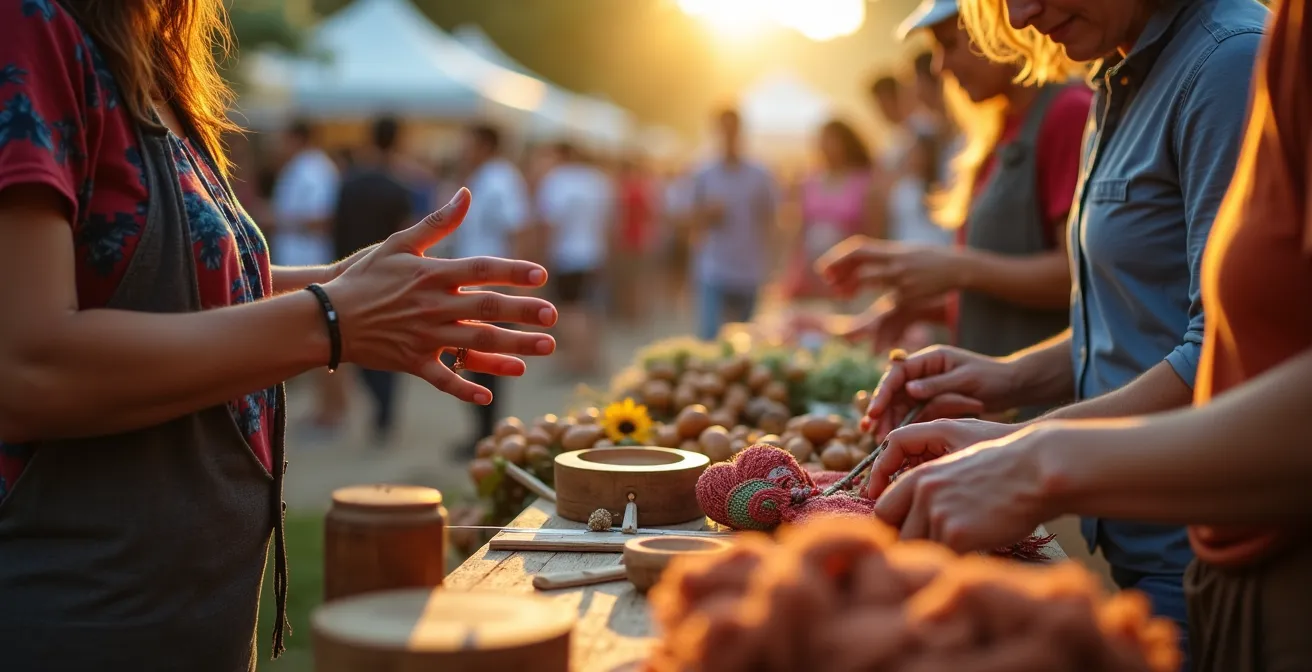 Wide shot of bustling outdoor cultural festival with local vendor booths and diverse crowds