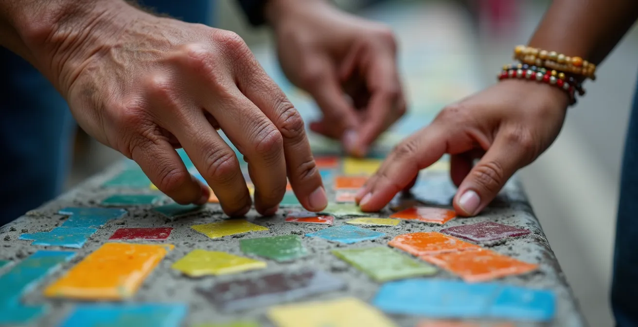 Macro shot of hands applying mosaic tiles to construction barrier, creating community memory wall