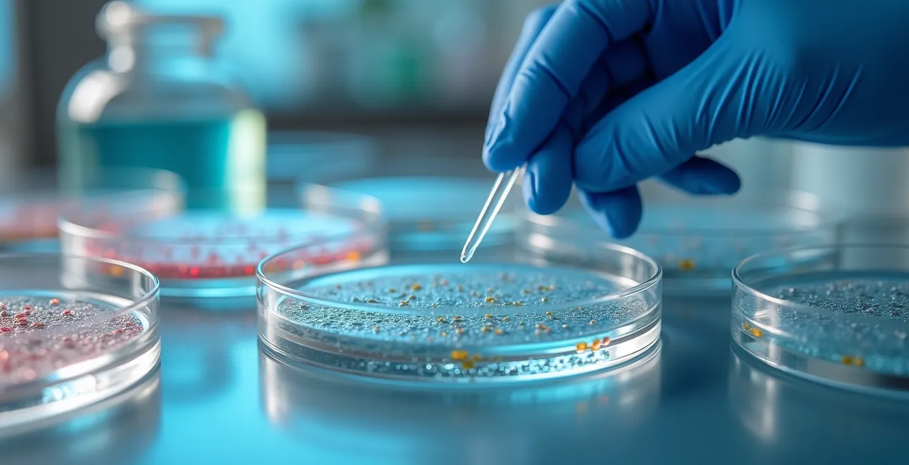 Macro photograph of laboratory petri dishes containing colorful organoid cultures with a scientist's gloved hand holding pipette in soft focus background