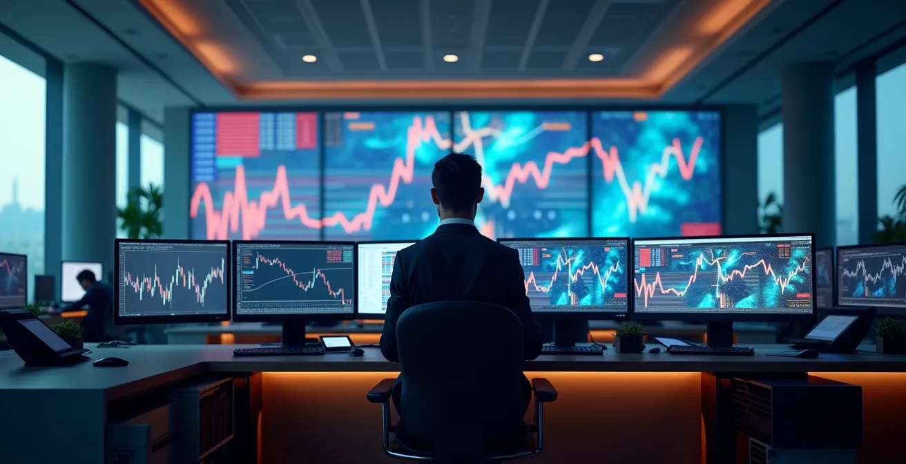 Financial analyst monitoring multiple currency exchange rates on screens