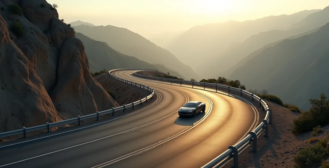 Electric vehicle descending a mountain road, with arrows showing the flow of energy from the wheels back to the battery.