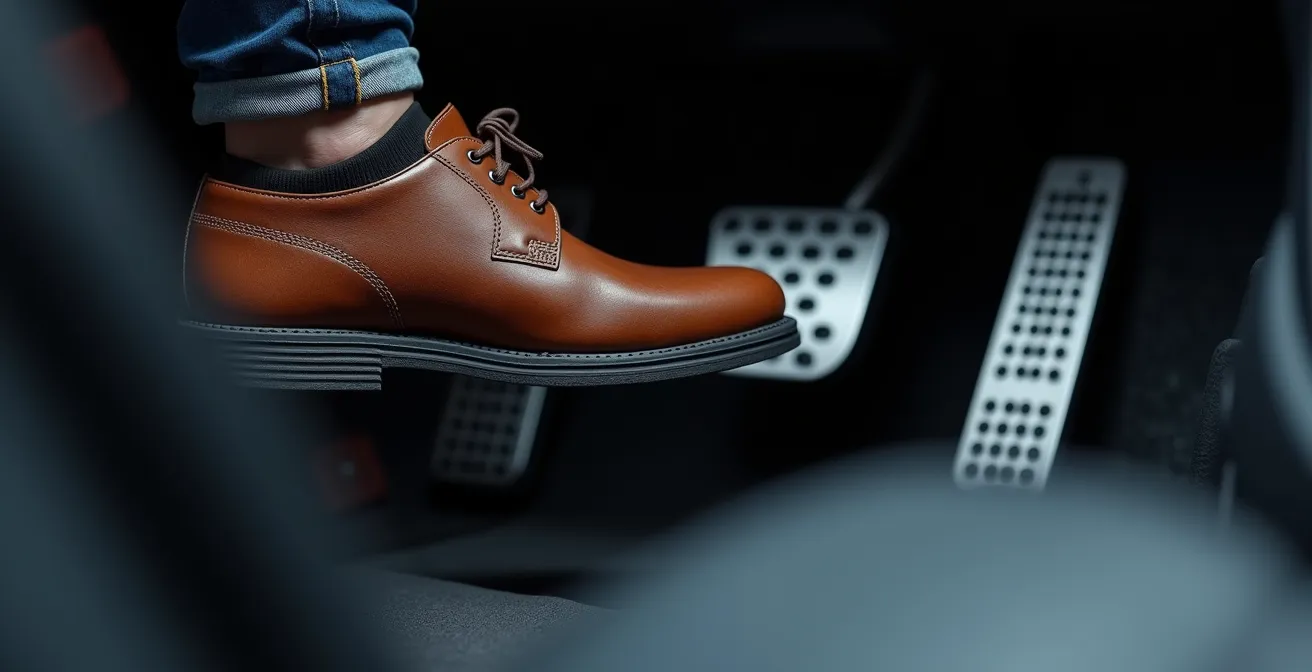 A close-up macro shot of a driver's shoe making a precise adjustment to the accelerator pedal.