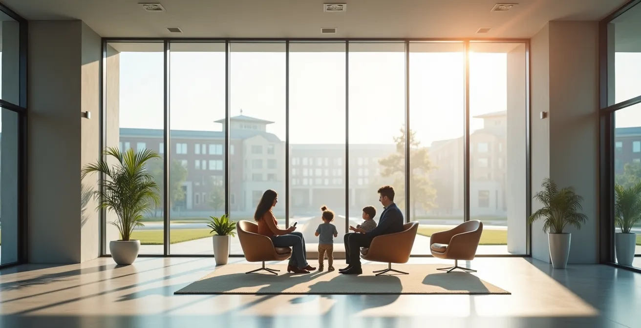 Wide shot of financial planning office with family reviewing education funding options