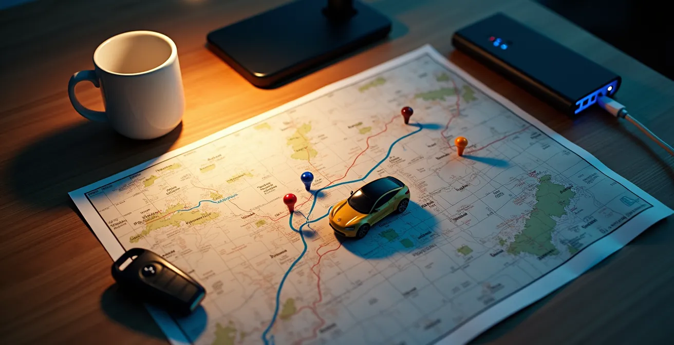 Driver using navigation app for EV road trip planning