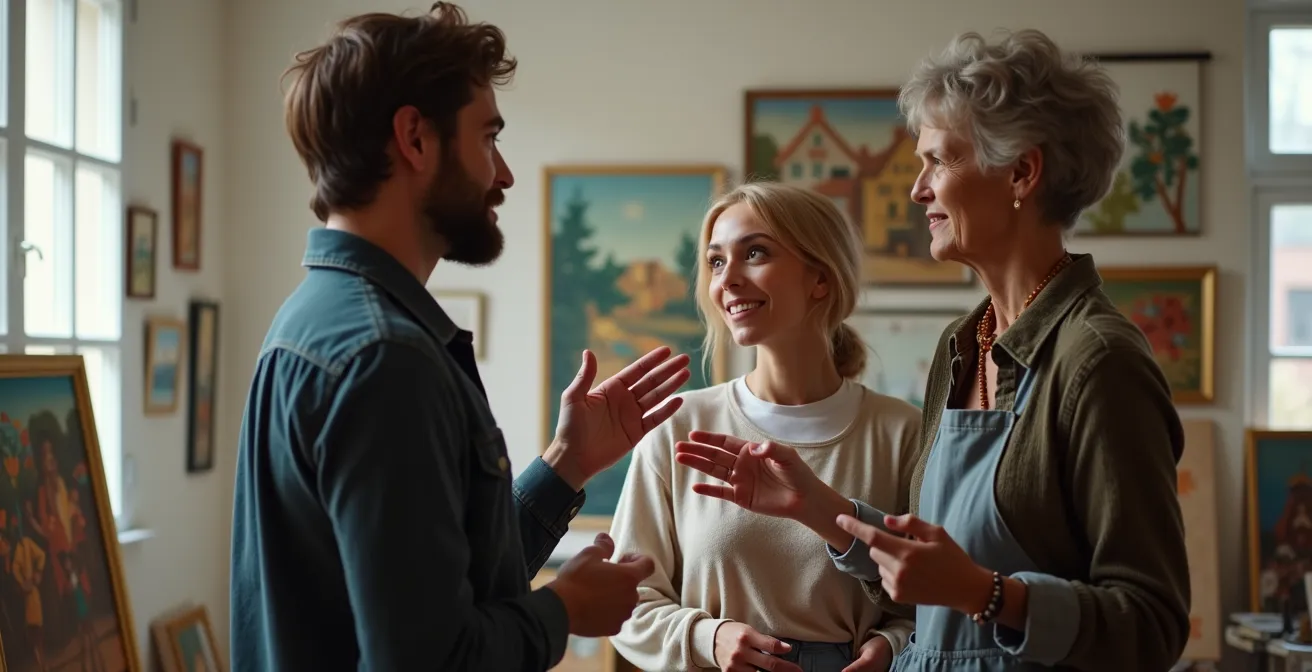 Artist welcoming collector in professional studio showing artwork collection