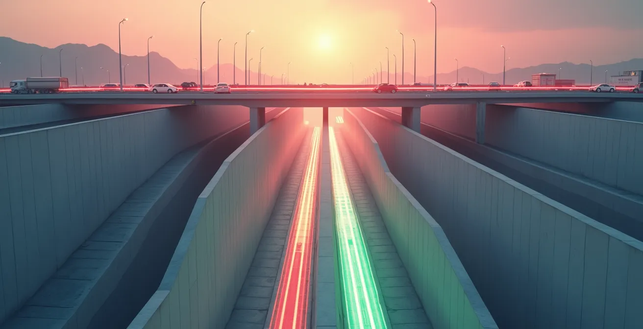 Visual metaphor of transaction flow from expensive mainnet to efficient Layer 2 networks