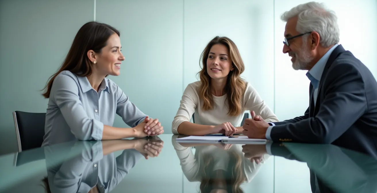 Professional meeting between family members reviewing loan documents with advisor