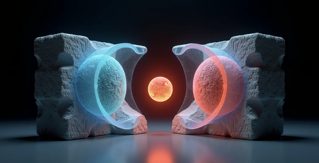 Digital analysis showing center of gravity calculation for asymmetrical sculpture