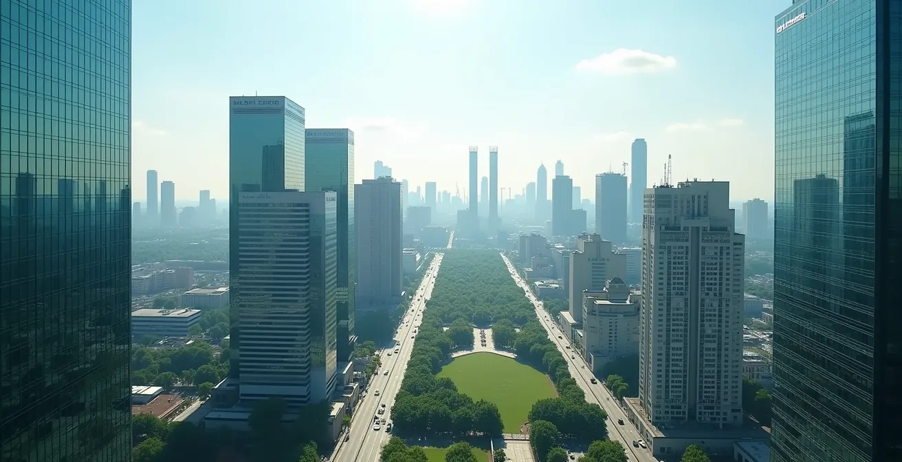 Visual representation of portfolio screening for fossil fuel investments, showing some buildings reflecting green parks and others reflecting industrial smokestacks.