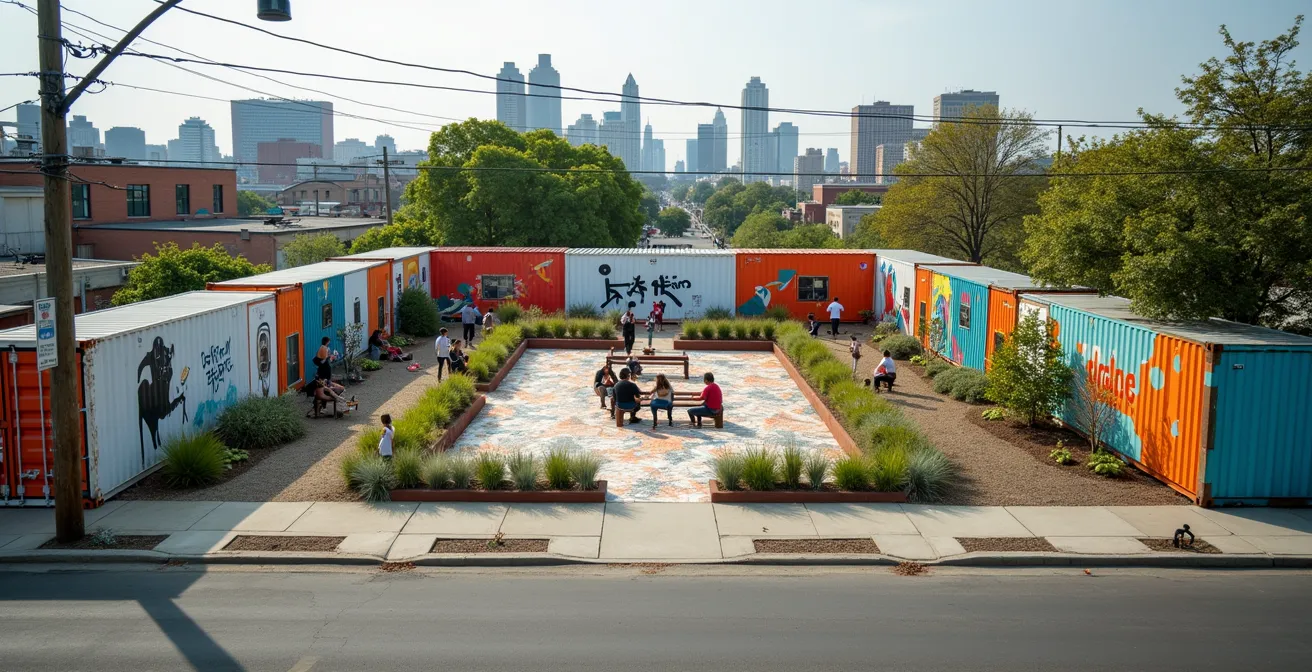Wide aerial view of transformed vacant lot into community art garden with murals and gathering spaces