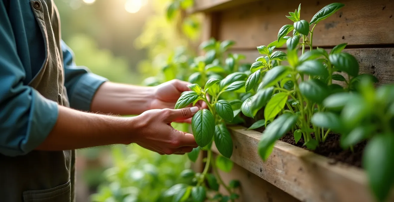 Overhead view of a vertical herb wall showing different growth stages of various herbs