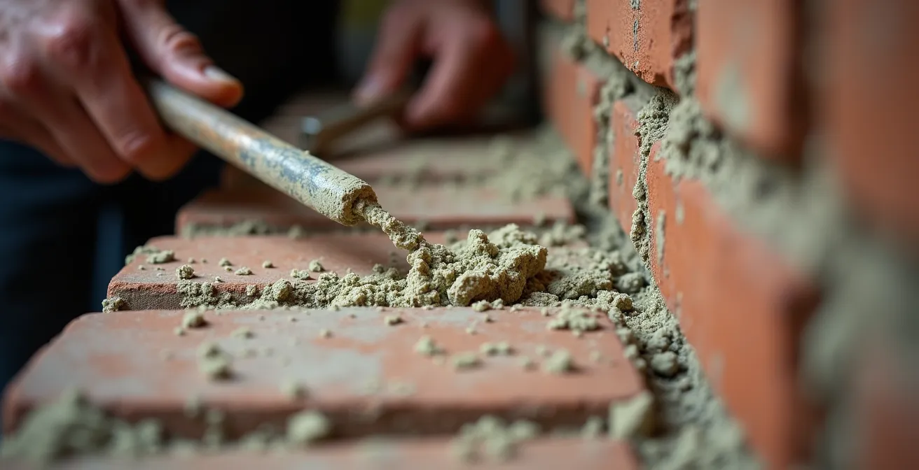 Close-up of traditional lime mortar being applied to historic brickwork