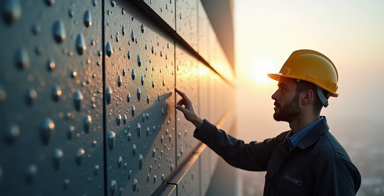 Building facade with patterned surface collecting morning dew and fog water