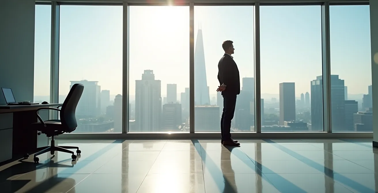 Wide environmental shot of investor contemplating selling decision in minimalist office space