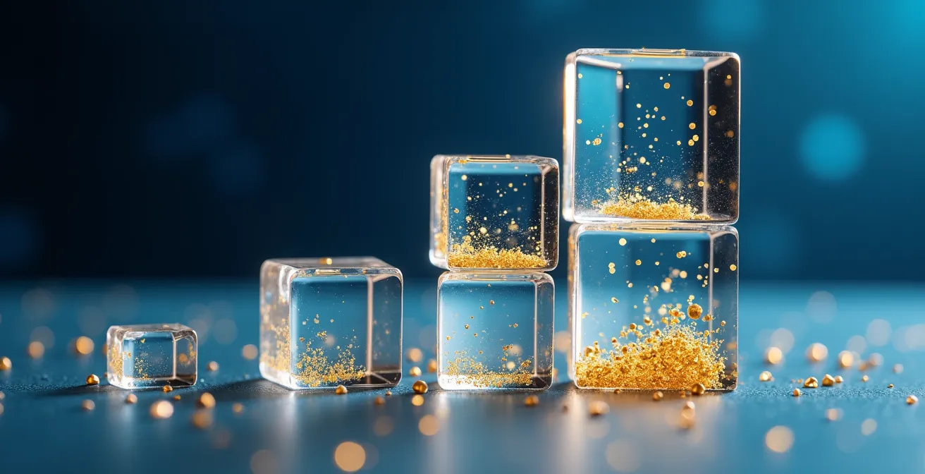 Abstract visualization of staked cryptocurrency generating compound yields through liquid staking