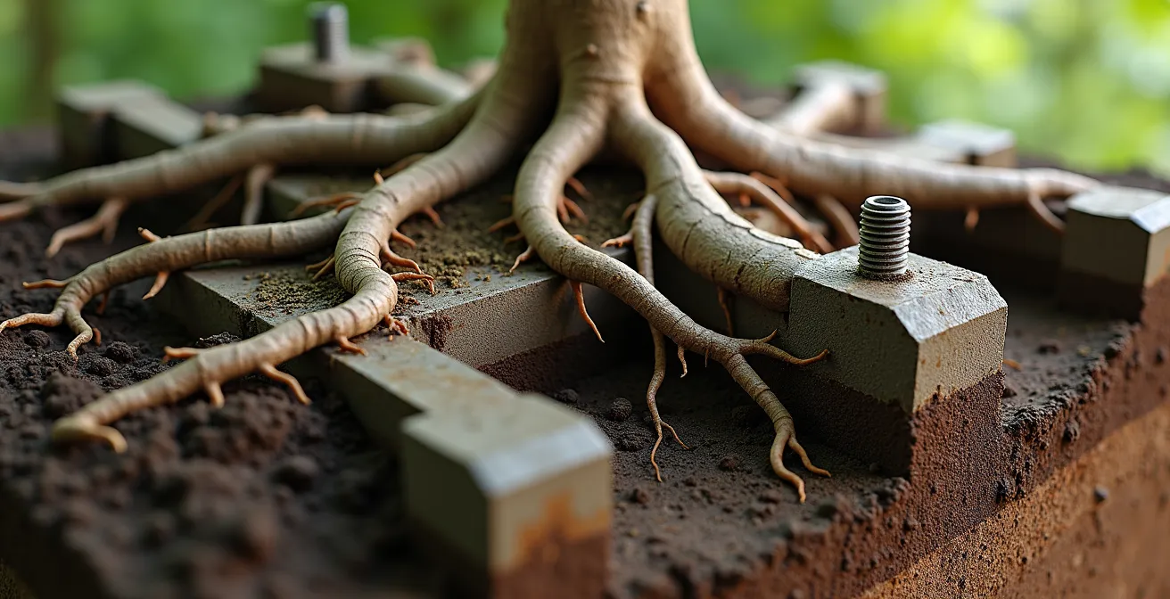 Underground view of sculpture foundation with integrated plant root system