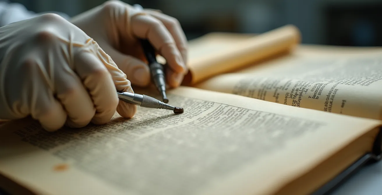 Extreme close-up of hands carefully handling historical documents with preservation tools