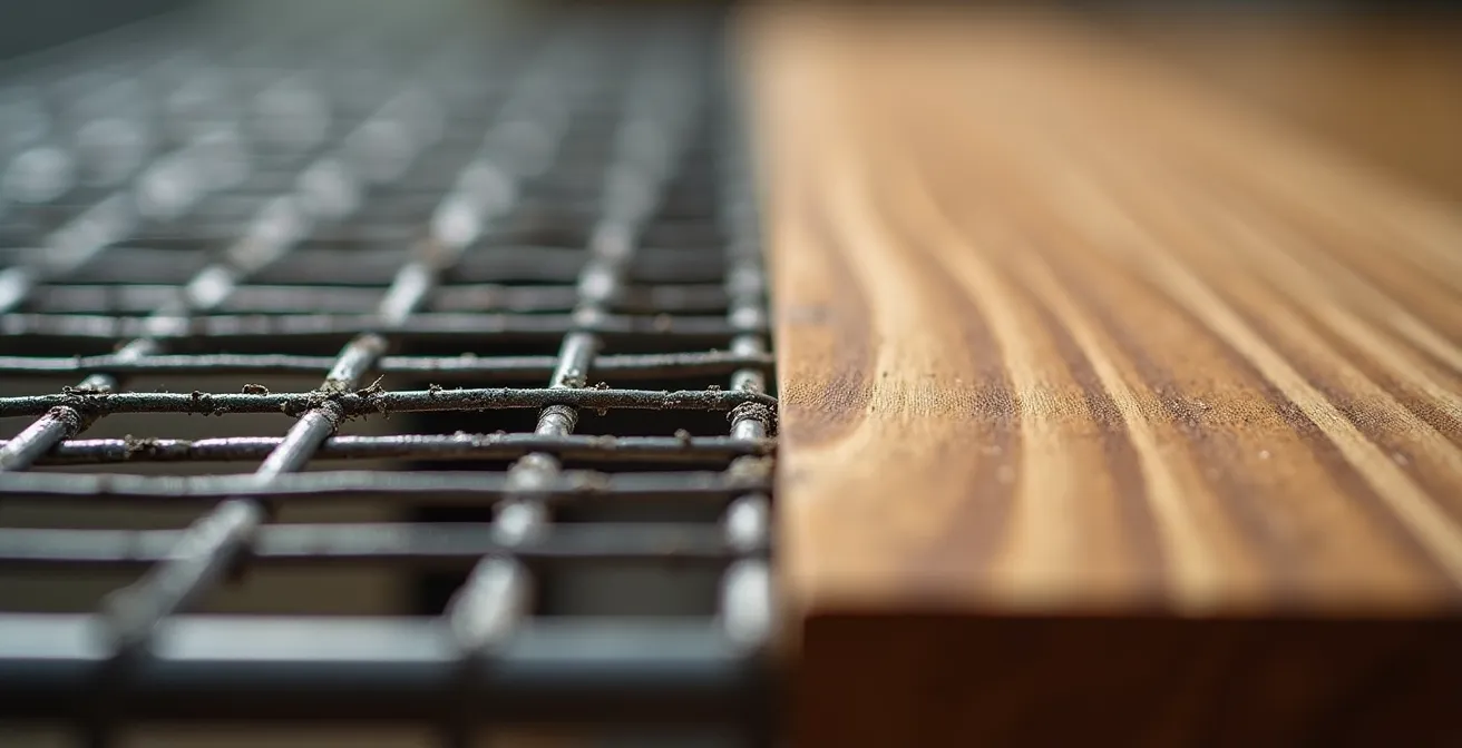 Close-up comparison showing the structural difference of wire mesh versus solid wood grain under the weight of books.