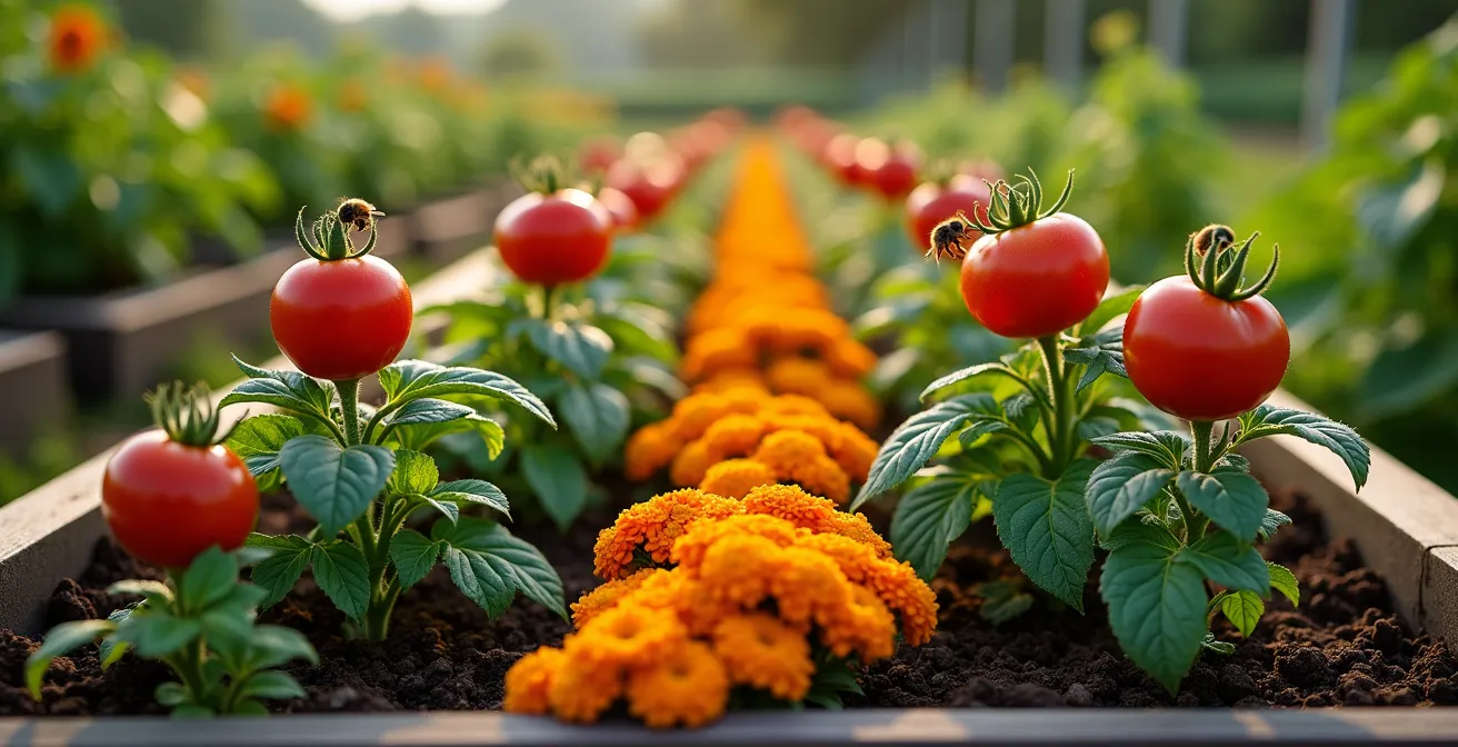 Wide shot of thriving garden bed showing marigolds planted between tomato plants