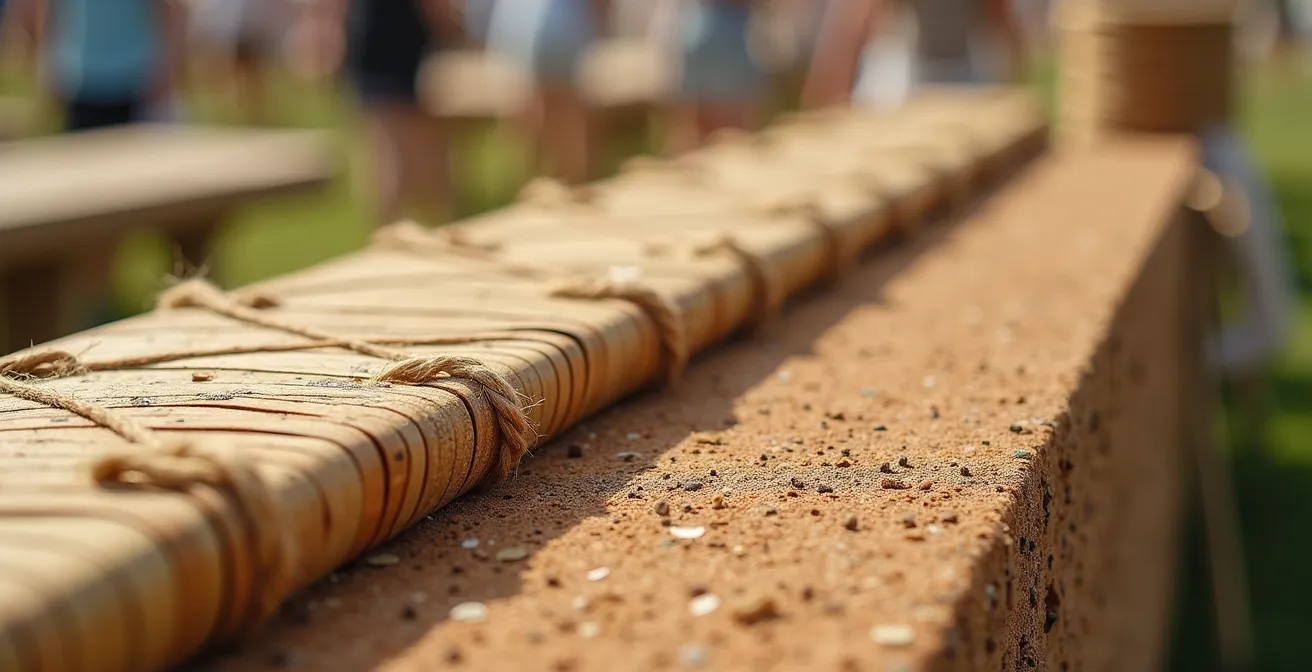 Macro shot of sustainable festival materials showing recycled textures and QR tracking codes