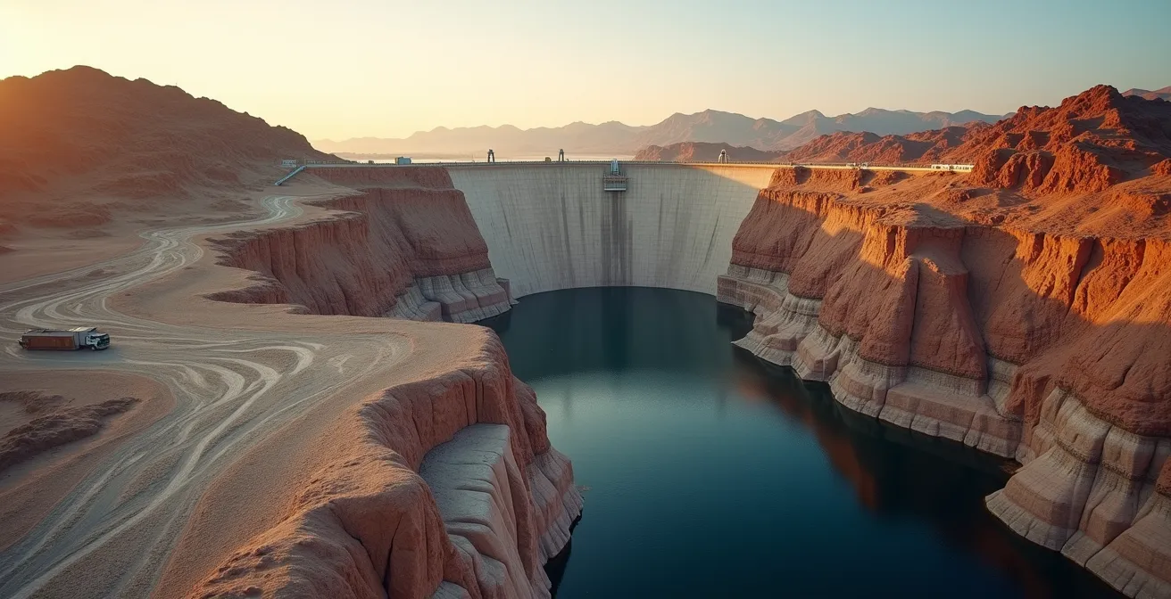 Dam holding back water representing money supply with dry valley below