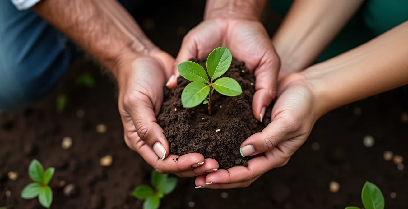 Three generations of hands planting a tree together symbolizing sustainable wealth transfer