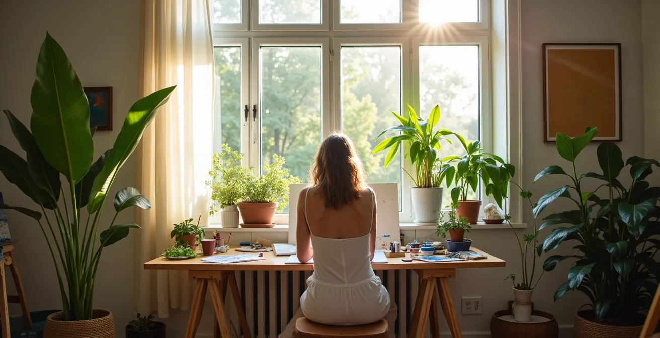 Professional artist studio showing proper ventilation setup with natural light