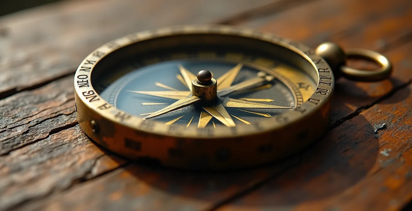 Close-up of weathered compass on wooden surface showing multiple directional choices