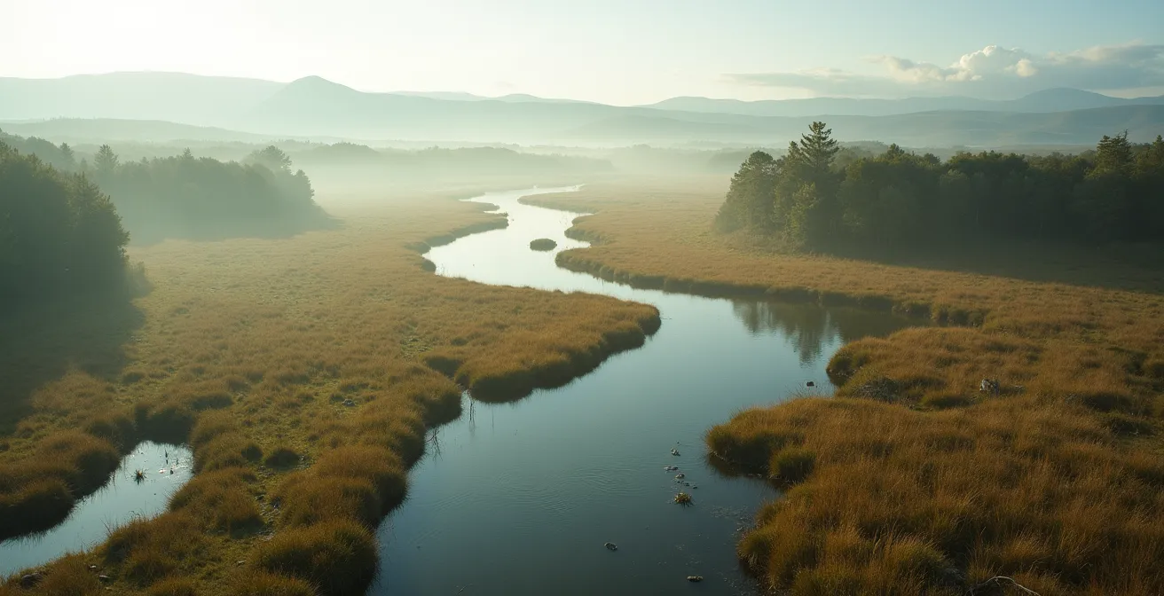 Aerial view of rewilded farmland showing mosaic habitats and natural regeneration