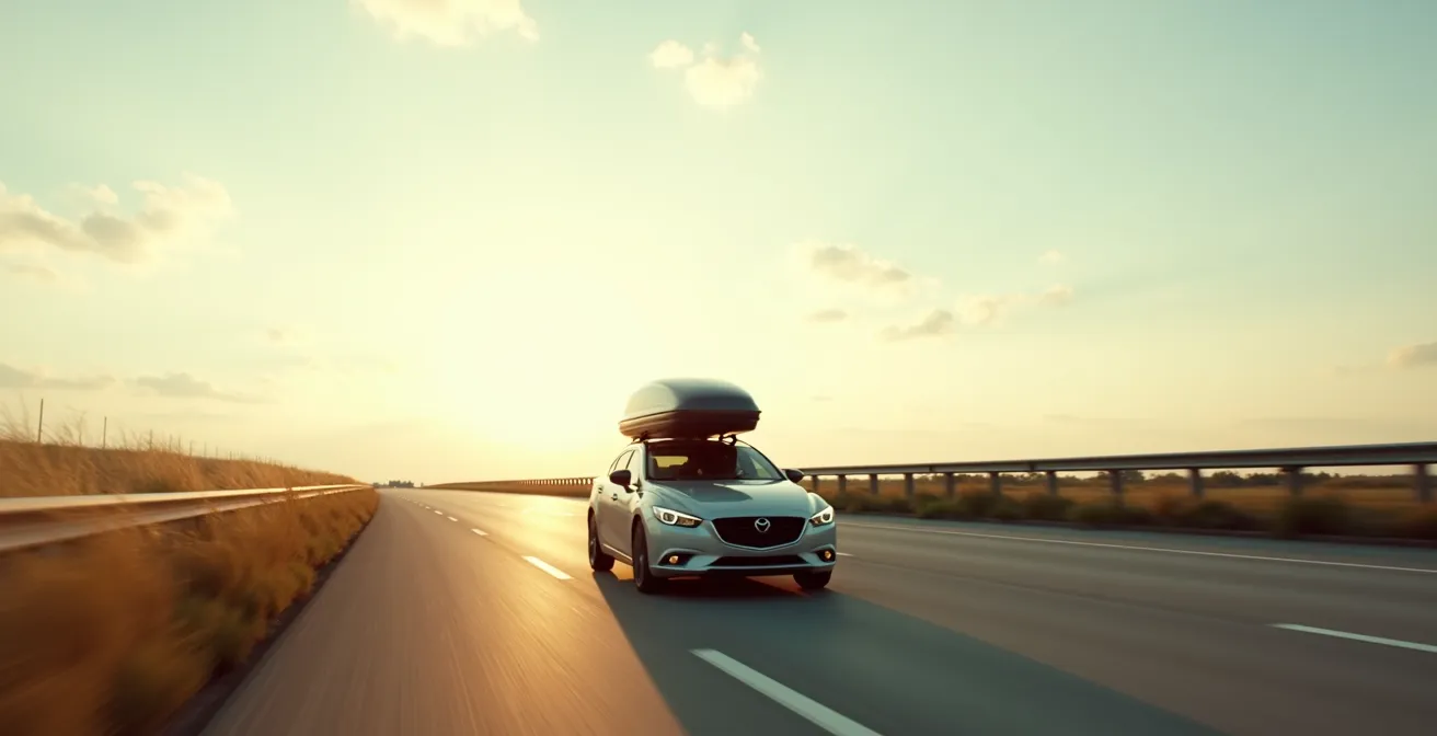 Wide shot of car with roof box on highway showing wind flow disruption