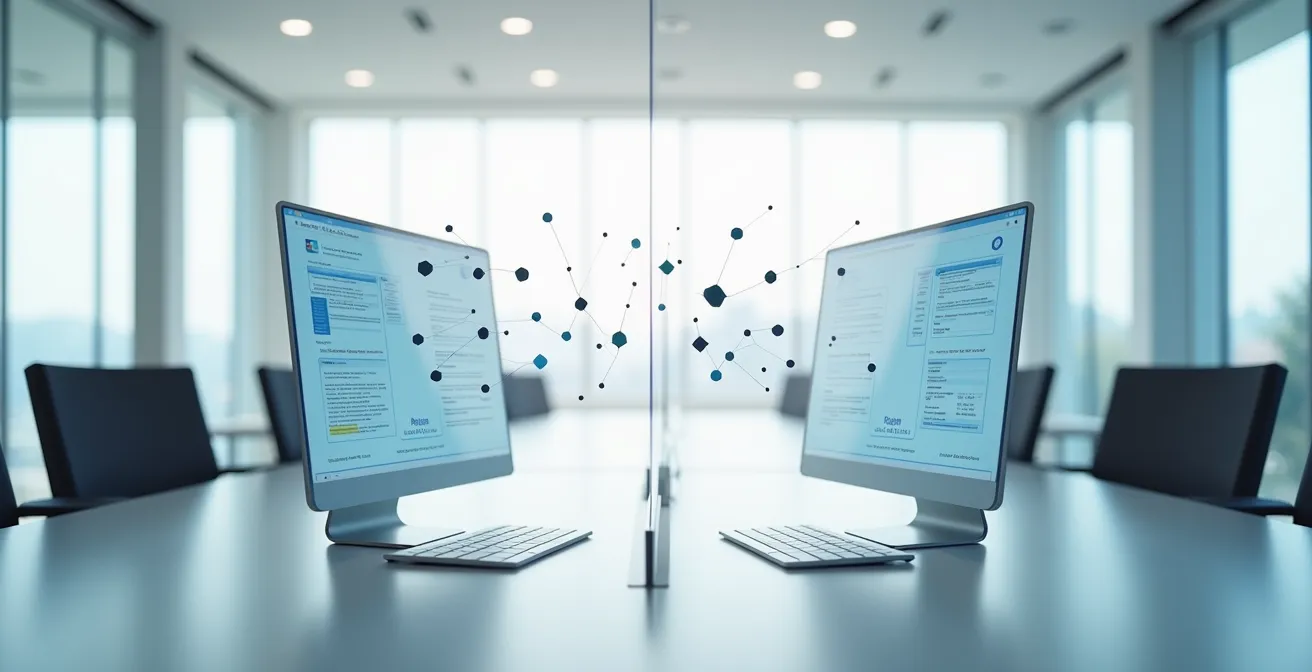 Split-screen visualization showing secure configuration settings for collaboration platforms with encryption layers