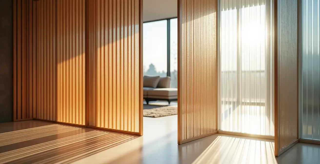 Interior showing various semi-transparent dividers allowing light to pass through