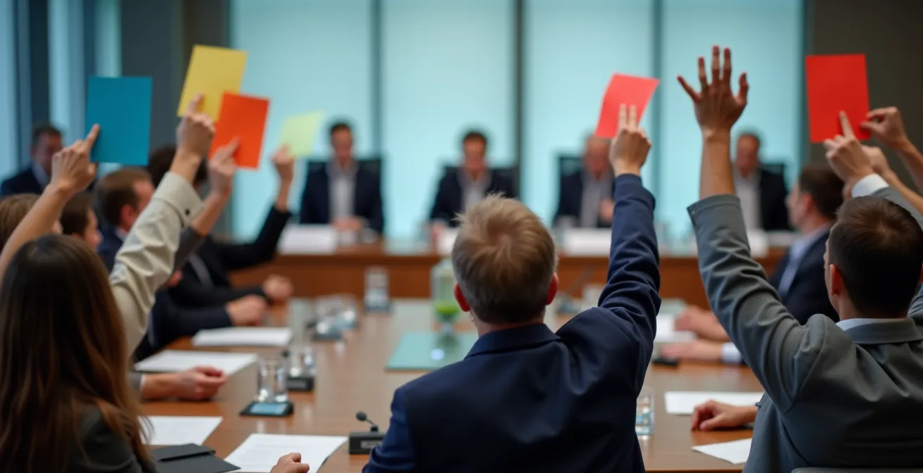 Diverse group of shareholders participating in annual meeting with voting materials
