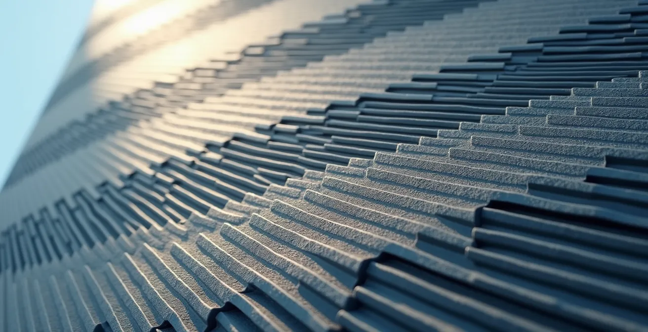 Macro view of biomimetic riblet patterns on building surface mimicking shark skin denticles