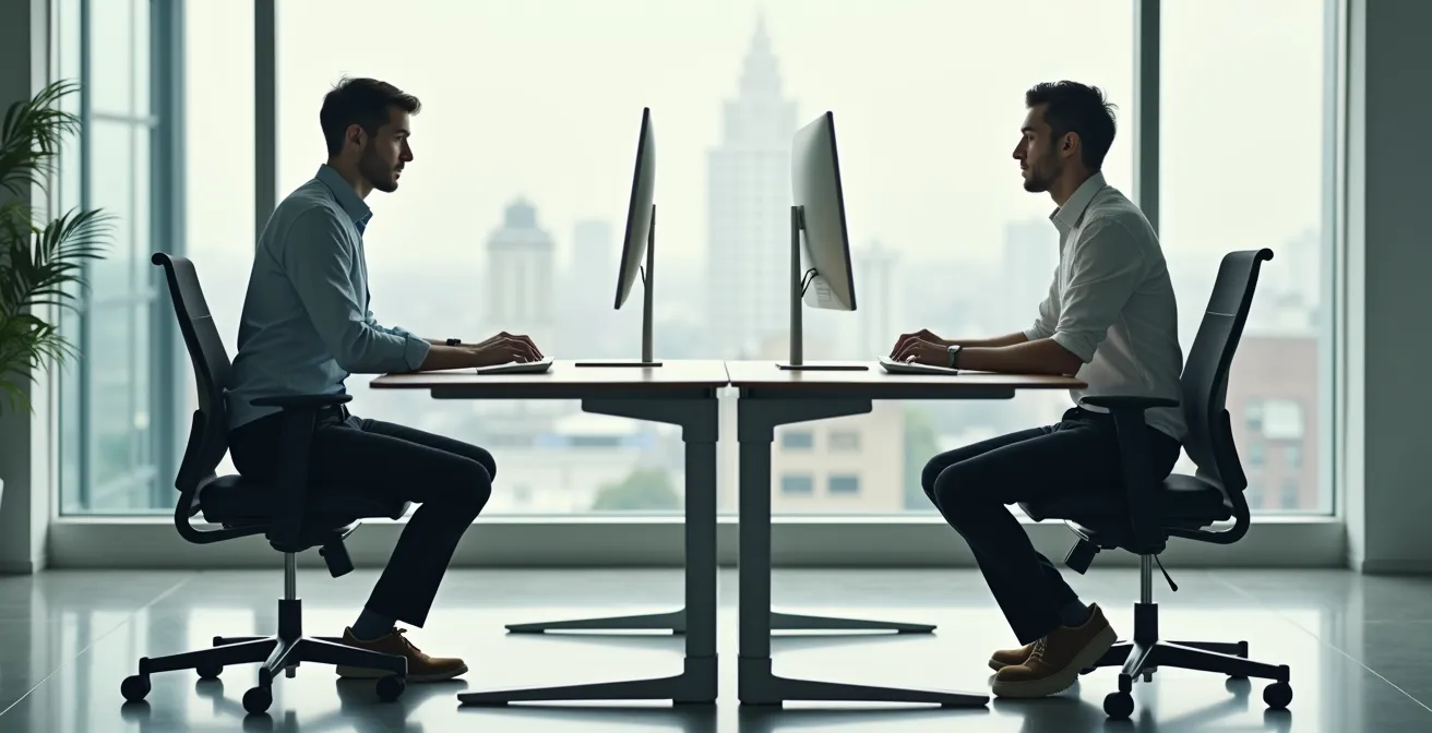 Office worker transitioning between sitting and standing positions at adjustable desk