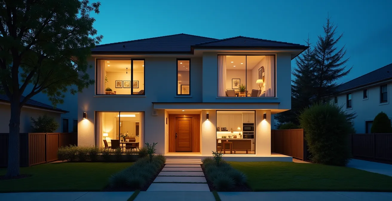 Home exterior at dusk showing automated lights creating a lived-in appearance