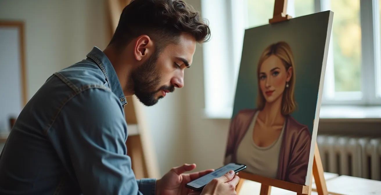 Art collector examining physical artwork while ignoring phone screen