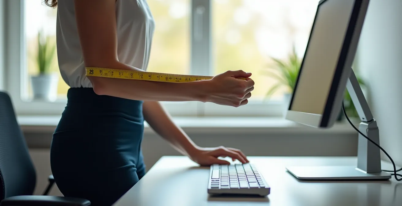 Person measuring elbow height for standing desk adjustment