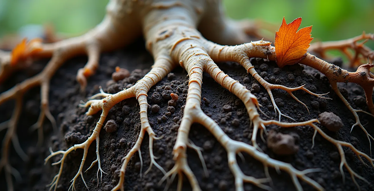 Macro view of mycorrhizal network connecting tree roots underground showing interconnected web of fungal threads