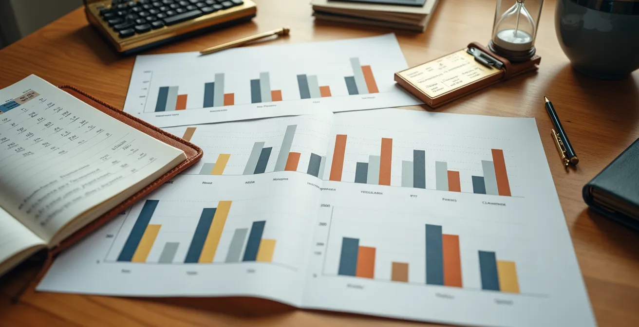 Financial documents showing portfolio transition with calendar and calculator on desk